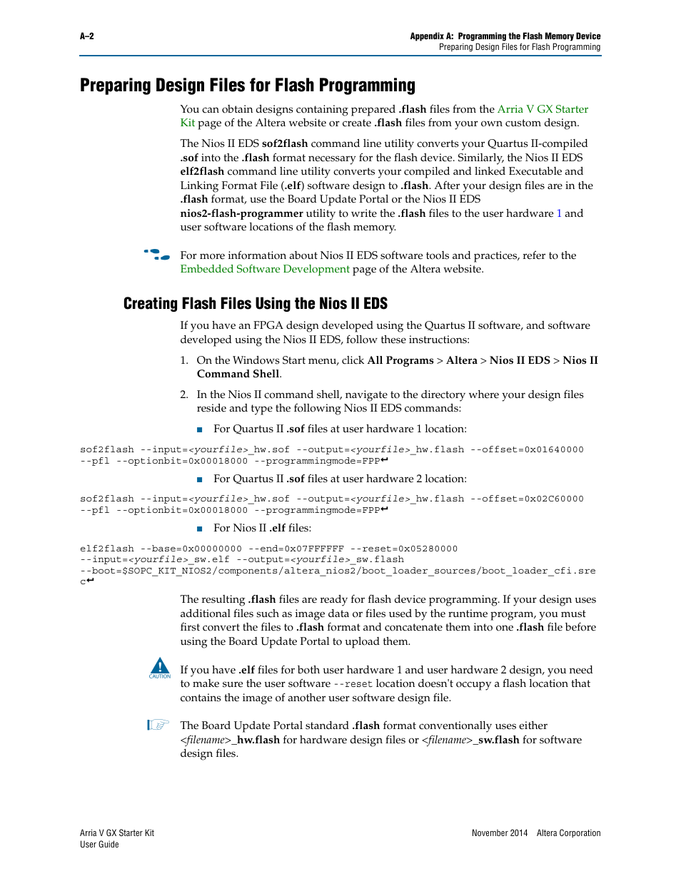 Preparing design files for flash programming, Creating flash files using the nios ii eds, Preparing design | For i | Altera Arria V GX User Manual | Page 46 / 52