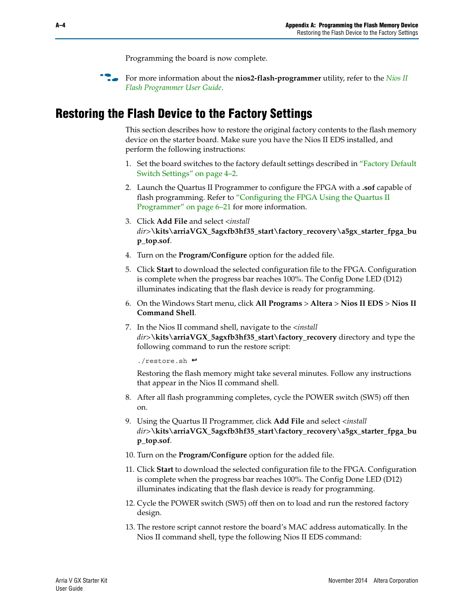 Restoring the flash device to the factory settings, Restoring the flash, Fer to | Restoring the | Altera Arria V GX User Manual | Page 48 / 52