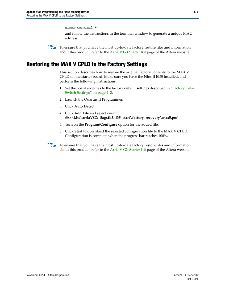 Restoring the max v cpld to the factory settings | Altera Arria V GX User Manual | Page 49 / 52