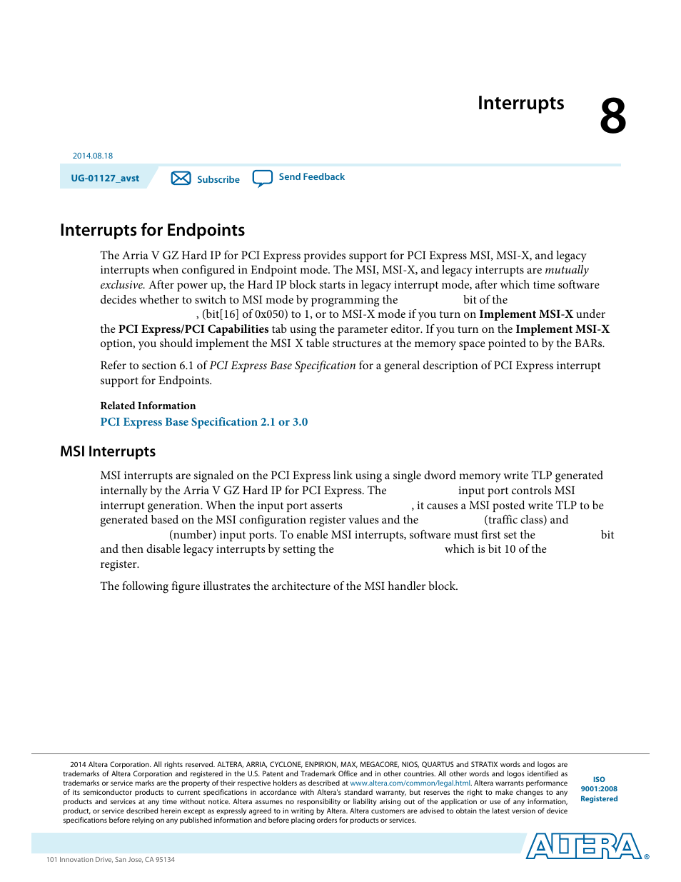 Interrupts, Interrupts for endpoints, Msi interrupts | Altera Arria V GZ Avalon-ST User Manual | Page 146 / 286