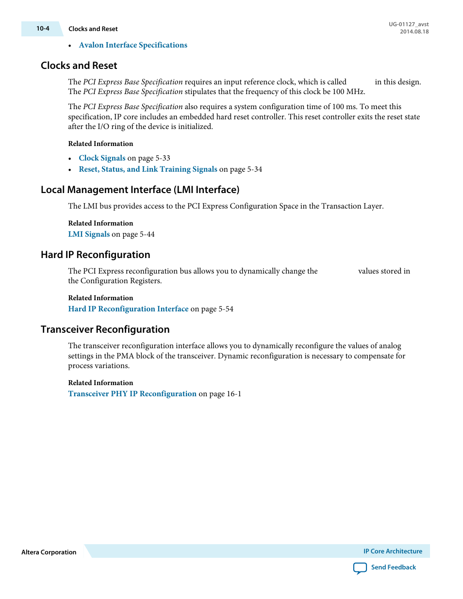 Clocks and reset, Local management interface (lmi interface), Hard ip reconfiguration | Transceiver reconfiguration | Altera Arria V GZ Avalon-ST User Manual | Page 164 / 286