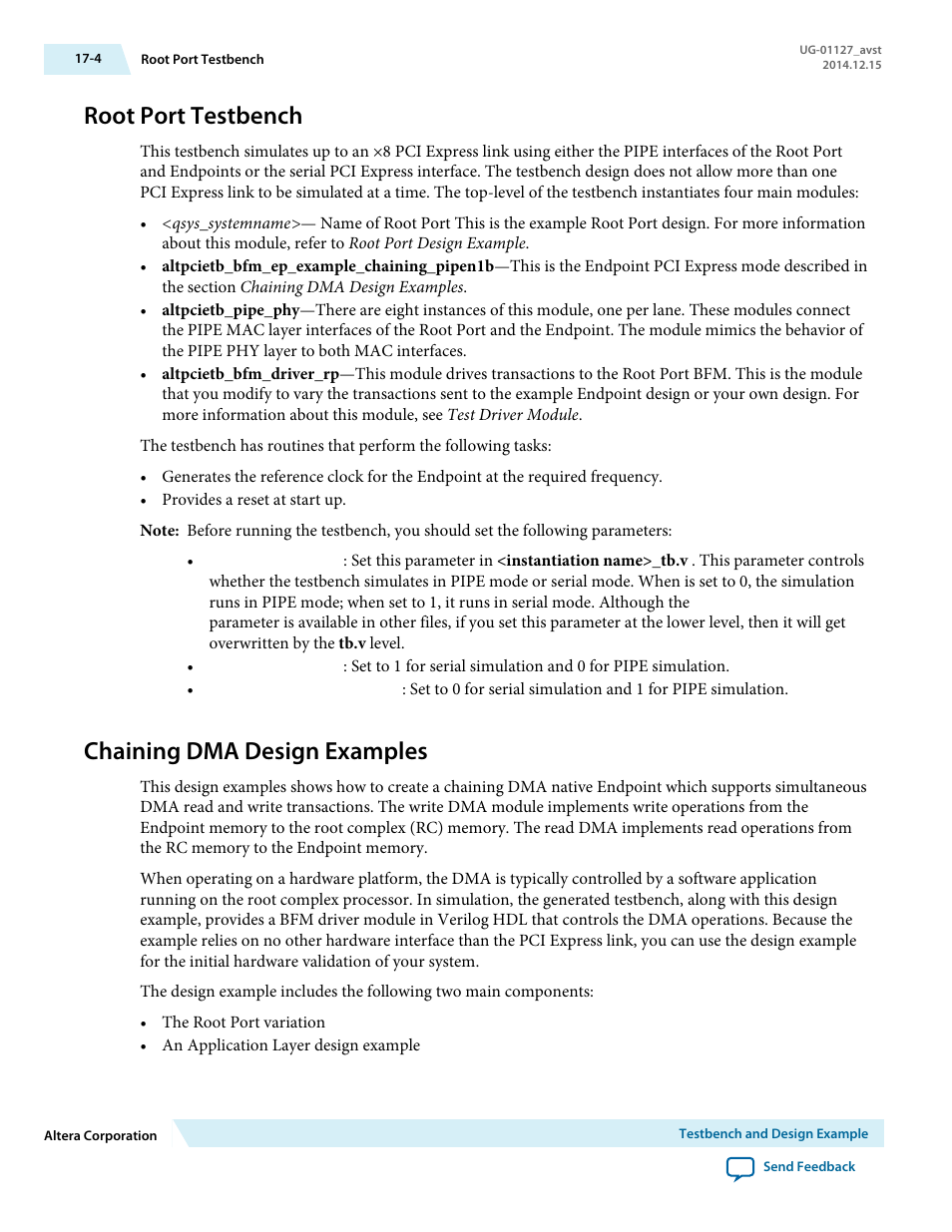 Root port testbench, Chaining dma design examples | Altera Arria V GZ Avalon-ST User Manual | Page 208 / 286