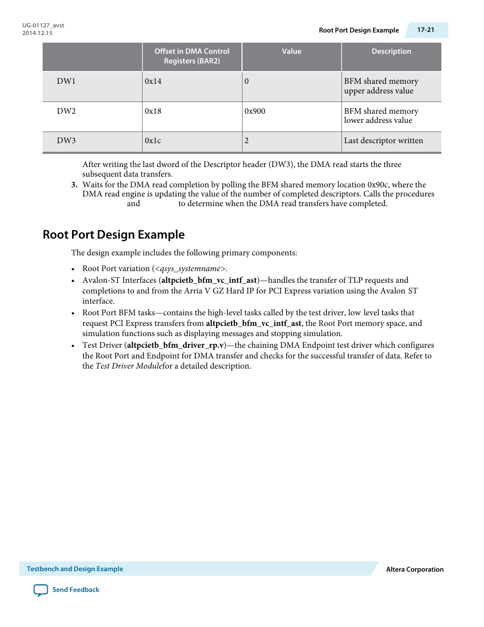 Root port design example | Altera Arria V GZ Avalon-ST User Manual | Page 225 / 286