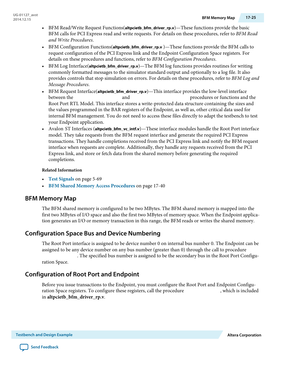 Bfm memory map, Configuration space bus and device numbering, Configuration of root port and endpoint | Altera Arria V GZ Avalon-ST User Manual | Page 229 / 286