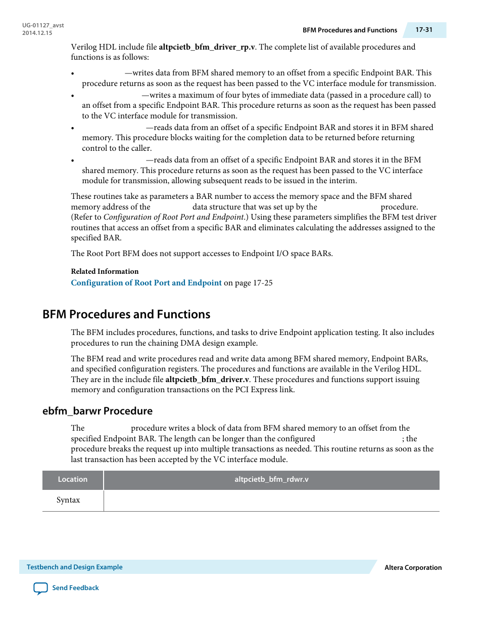 Bfm procedures and functions, Ebfm_barwr procedure | Altera Arria V GZ Avalon-ST User Manual | Page 235 / 286