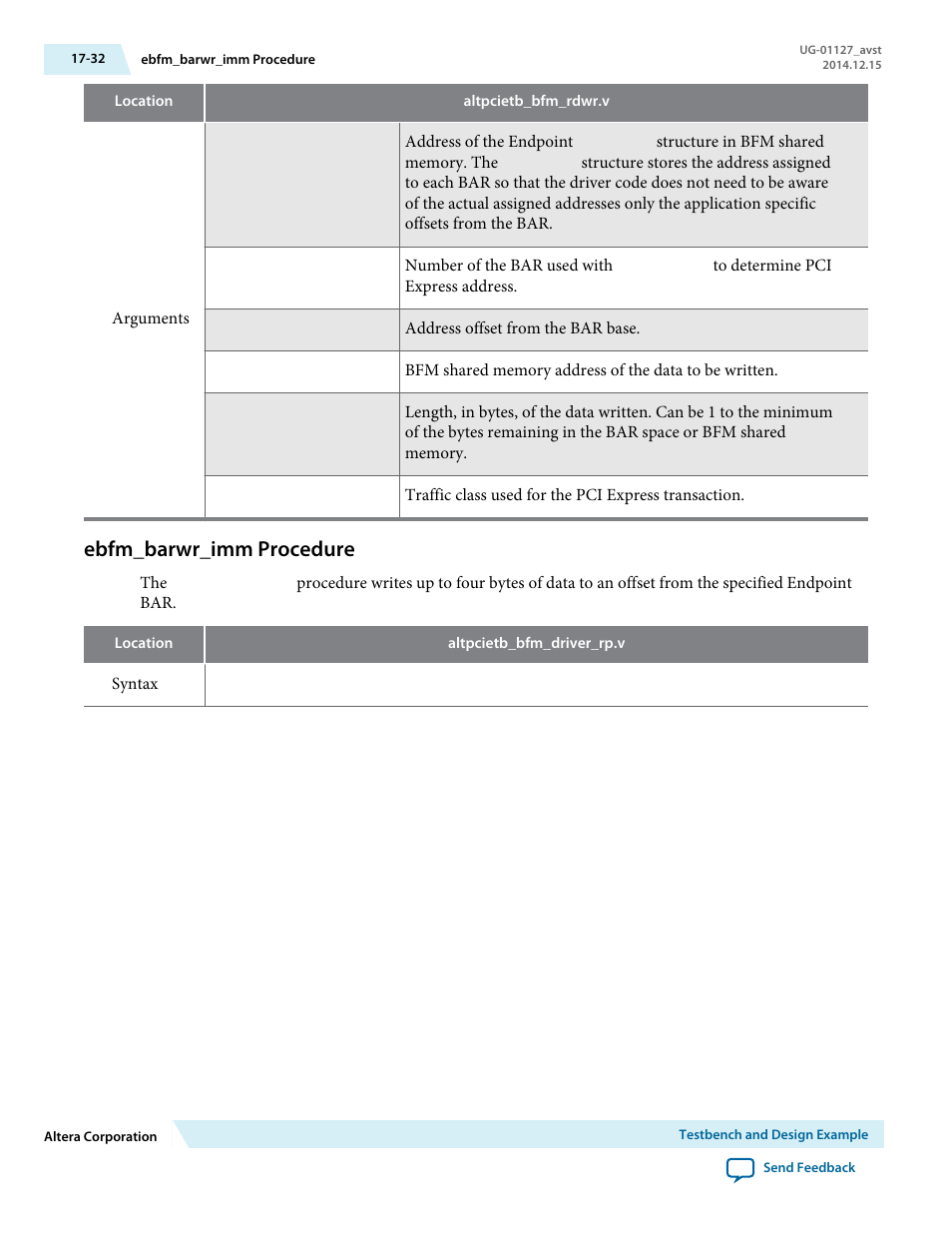 Ebfm_barwr_imm procedure | Altera Arria V GZ Avalon-ST User Manual | Page 236 / 286