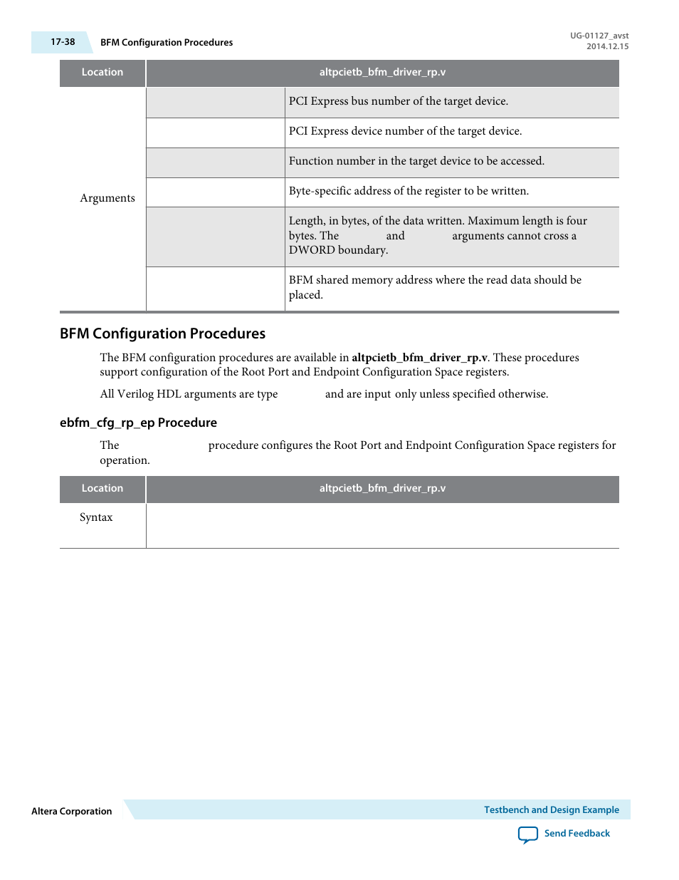 Bfm configuration procedures, Ebfm_cfg_rp_ep procedure | Altera Arria V GZ Avalon-ST User Manual | Page 242 / 286