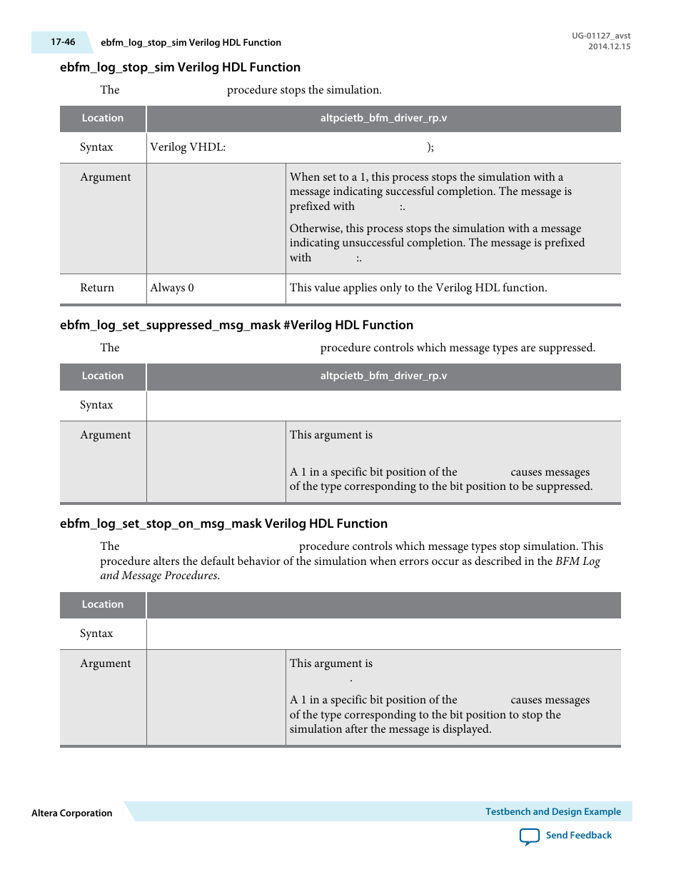Ebfm_log_stop_sim verilog hdl function, Ebfm_log_set_stop_on_msg_mask verilog hdl function | Altera Arria V GZ Avalon-ST User Manual | Page 250 / 286