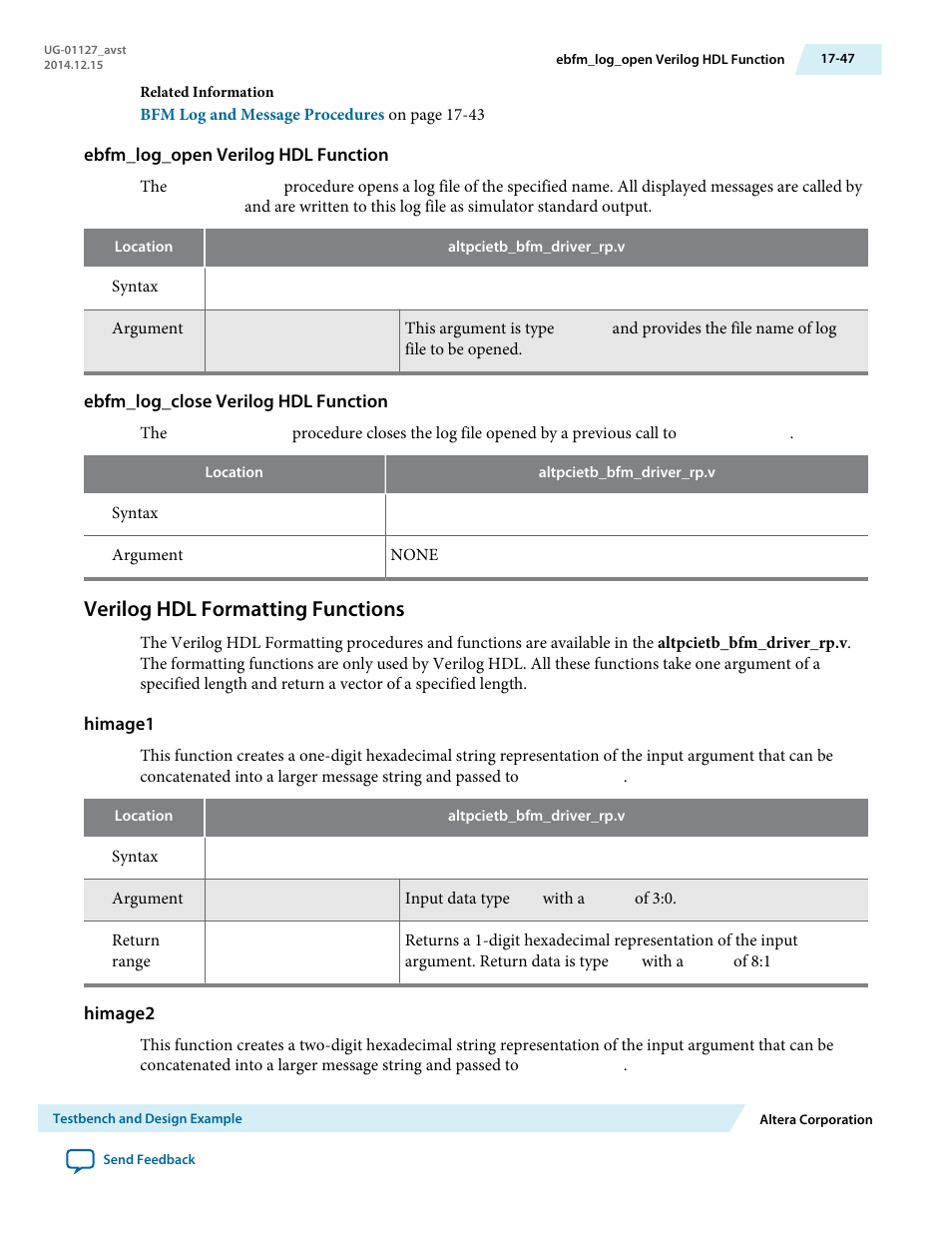 Ebfm_log_open verilog hdl function, Ebfm_log_close verilog hdl function, Verilog hdl formatting functions | Himage1, Himage2 | Altera Arria V GZ Avalon-ST User Manual | Page 251 / 286