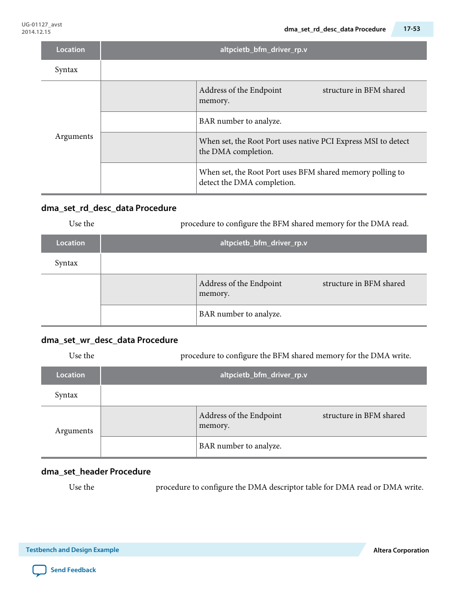 Dma_set_rd_desc_data procedure, Dma_set_wr_desc_data procedure, Dma_set_header procedure | Altera Arria V GZ Avalon-ST User Manual | Page 257 / 286