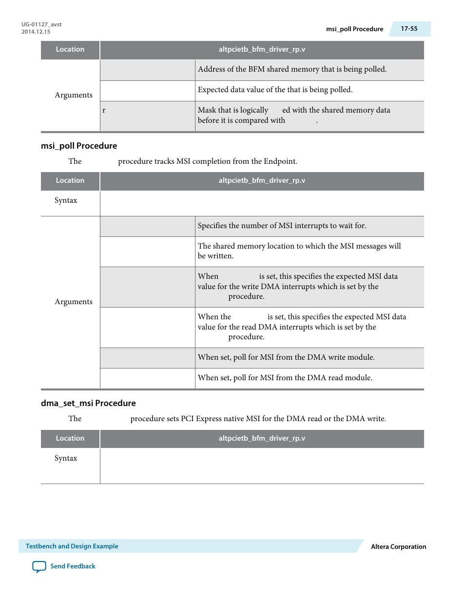 Msi_poll procedure, Dma_set_msi procedure | Altera Arria V GZ Avalon-ST User Manual | Page 259 / 286