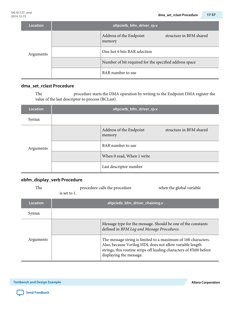 Dma_set_rclast procedure, Ebfm_display_verb procedure | Altera Arria V GZ Avalon-ST User Manual | Page 261 / 286