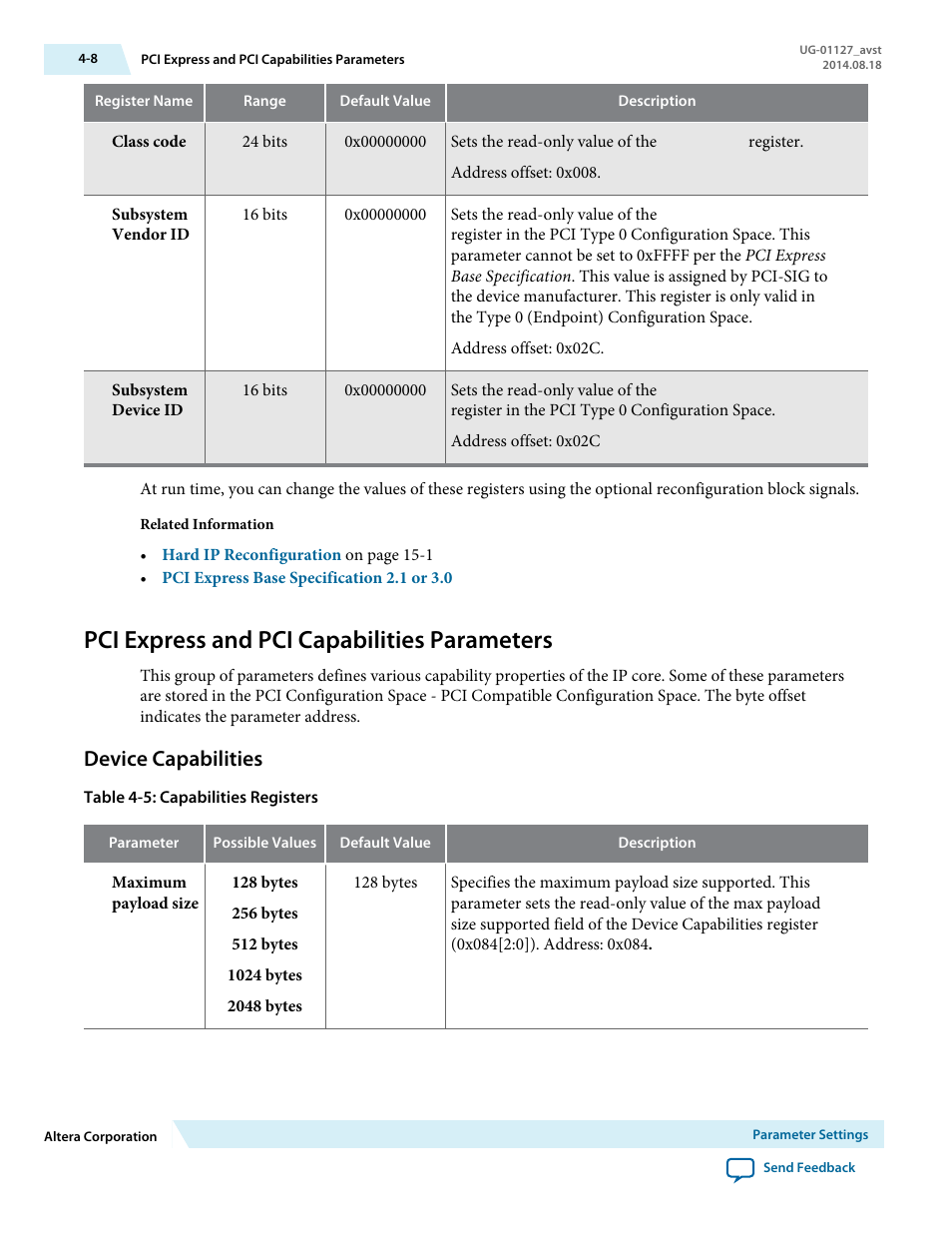 Pci express and pci capabilities parameters, Device capabilities | Altera Arria V GZ Avalon-ST User Manual | Page 45 / 286