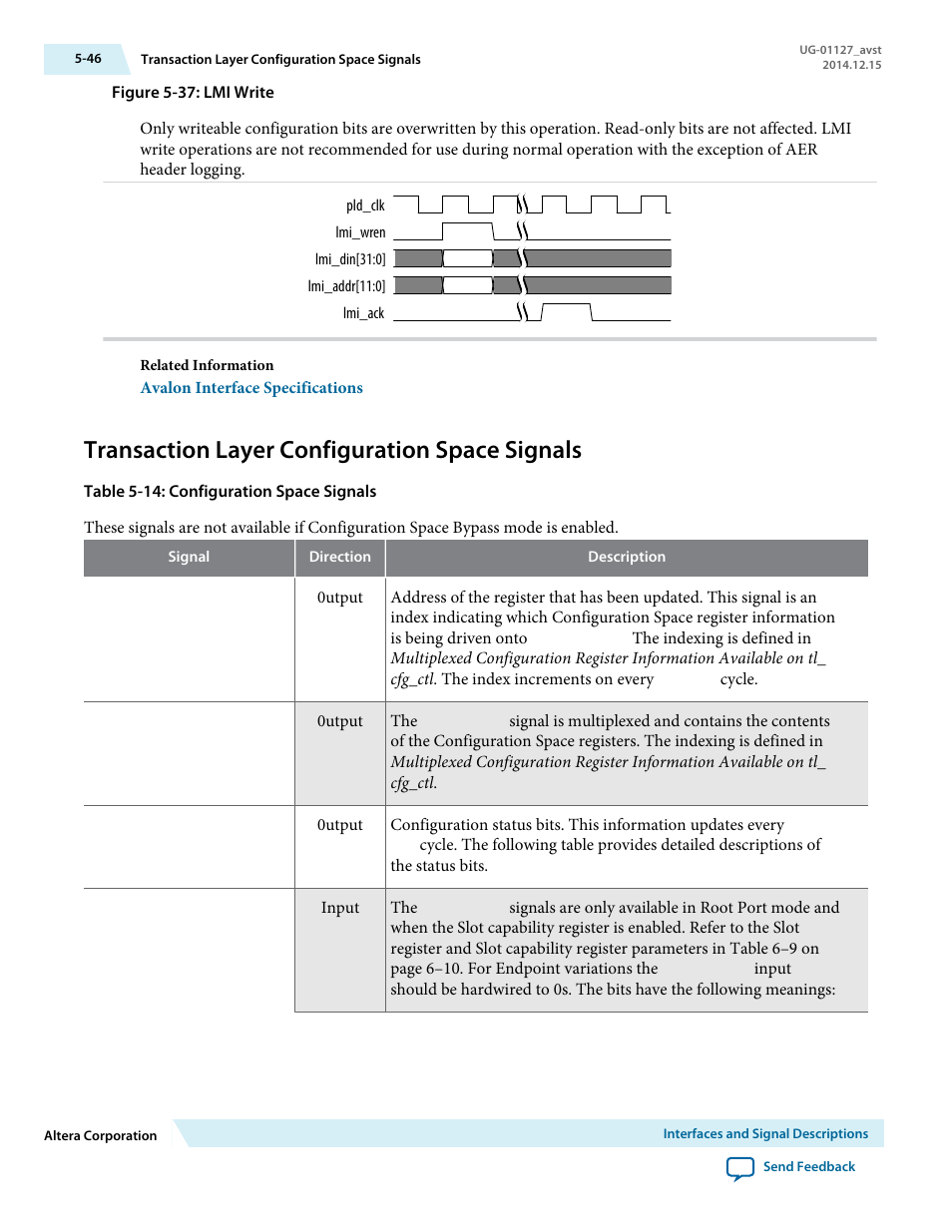 Transaction layer configuration space signals | Altera Arria V GZ Avalon-ST User Manual | Page 98 / 286
