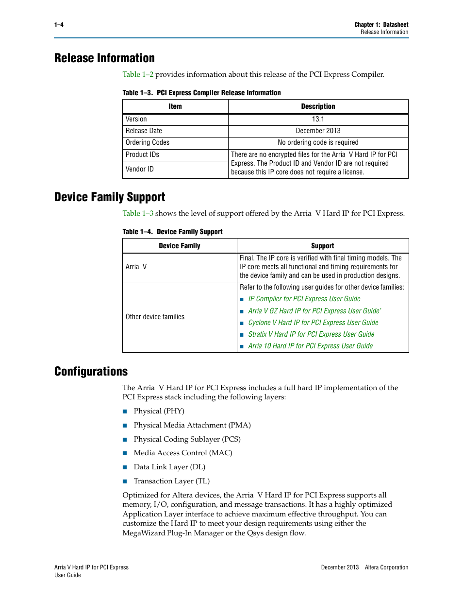Release information, Device family support, Configurations | Altera Arria V Hard IP for PCI Express User Manual | Page 12 / 288