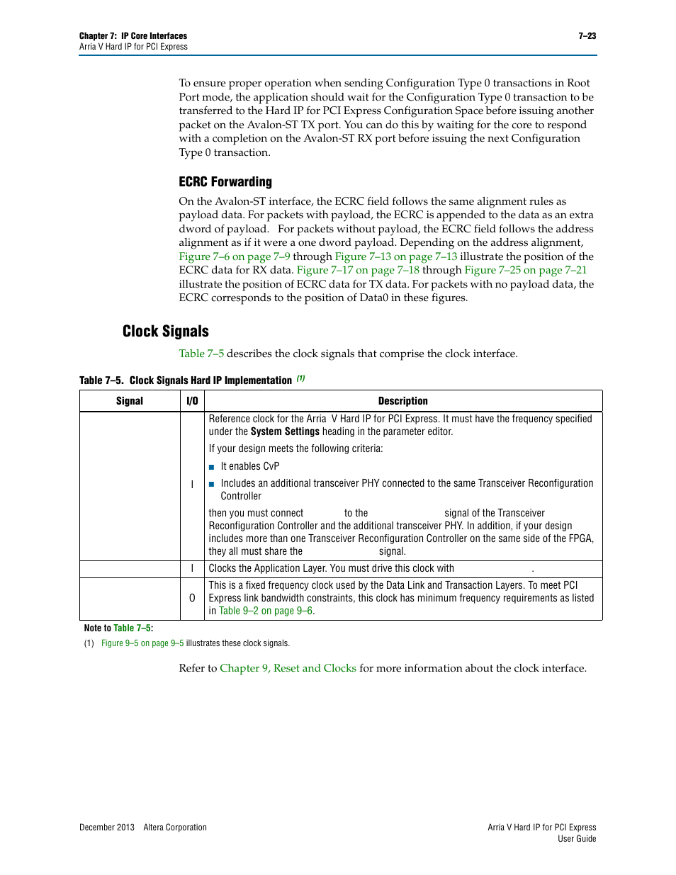 Ecrc forwarding, Clock signals, Ecrc forwarding –23 | Clock signals –23, Clock | Altera Arria V Hard IP for PCI Express User Manual | Page 121 / 288