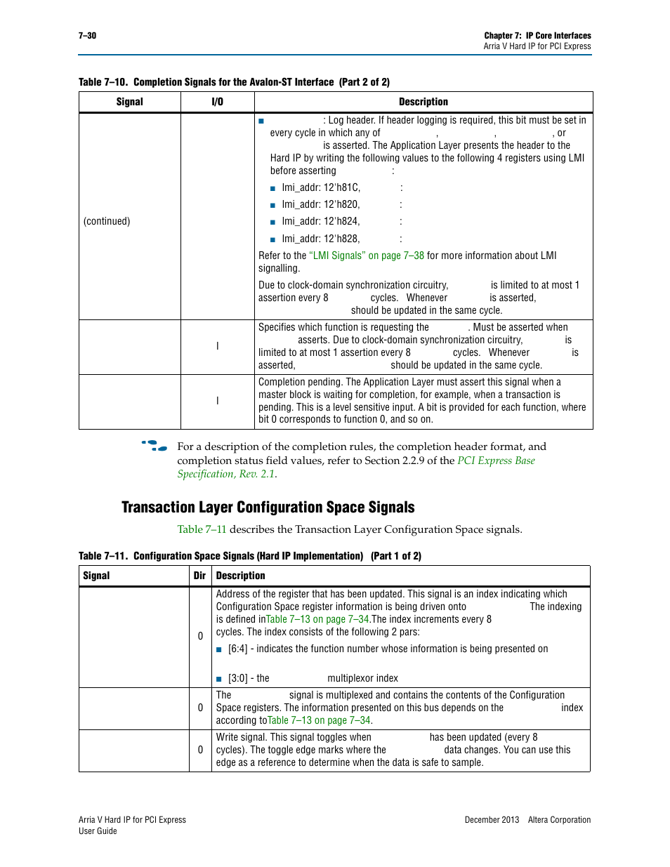 Transaction layer configuration space signals, Transaction layer configuration space signals –30 | Altera Arria V Hard IP for PCI Express User Manual | Page 128 / 288