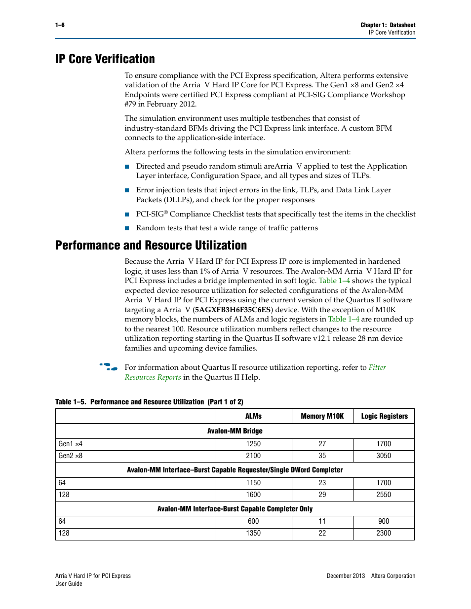 Ip core verification, Performance and resource utilization | Altera Arria V Hard IP for PCI Express User Manual | Page 14 / 288