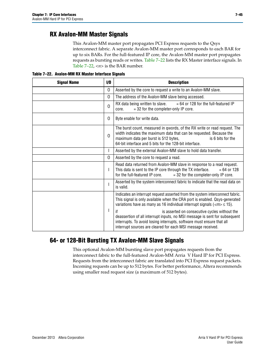 Rx avalon-mm master signals, Or 128-bit bursting tx avalon-mm slave signals | Altera Arria V Hard IP for PCI Express User Manual | Page 143 / 288