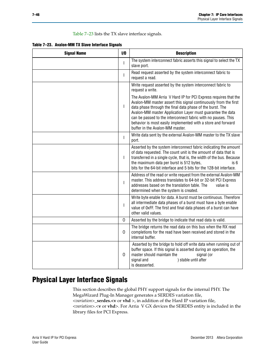 Physical layer interface signals, Physical layer interface signals –46 | Altera Arria V Hard IP for PCI Express User Manual | Page 144 / 288