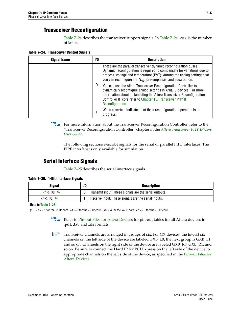 Transceiver reconfiguration, Serial interface signals | Altera Arria V Hard IP for PCI Express User Manual | Page 145 / 288