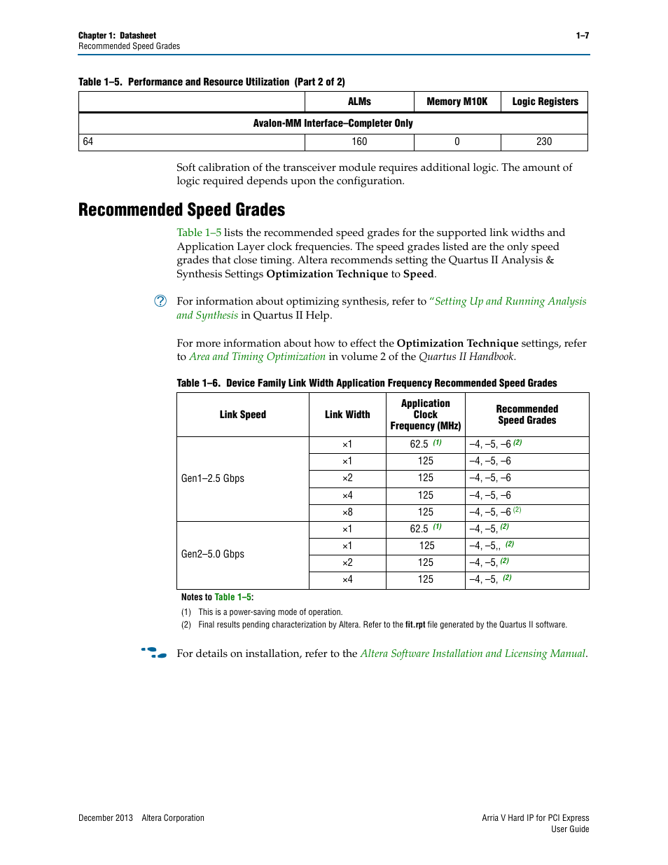 Recommended speed grades, Recommended speed grades –7 | Altera Arria V Hard IP for PCI Express User Manual | Page 15 / 288