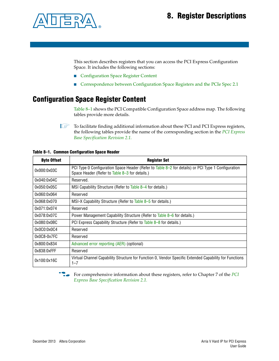 Register descriptions, Configuration space register content, Chapter 8. register descriptions | Configuration space register content –1, Common configuration space, Header, Chapter, In the, Common configuration space header, Configuration space register | Altera Arria V Hard IP for PCI Express User Manual | Page 155 / 288
