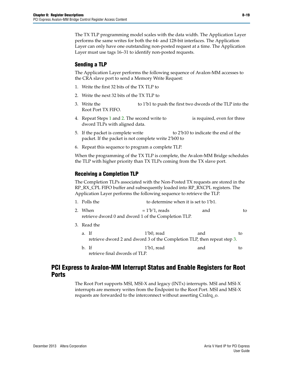 Sending a tlp, Receiving a completion tlp, Sending a tlp –19 receiving a completion tlp –19 | Altera Arria V Hard IP for PCI Express User Manual | Page 173 / 288