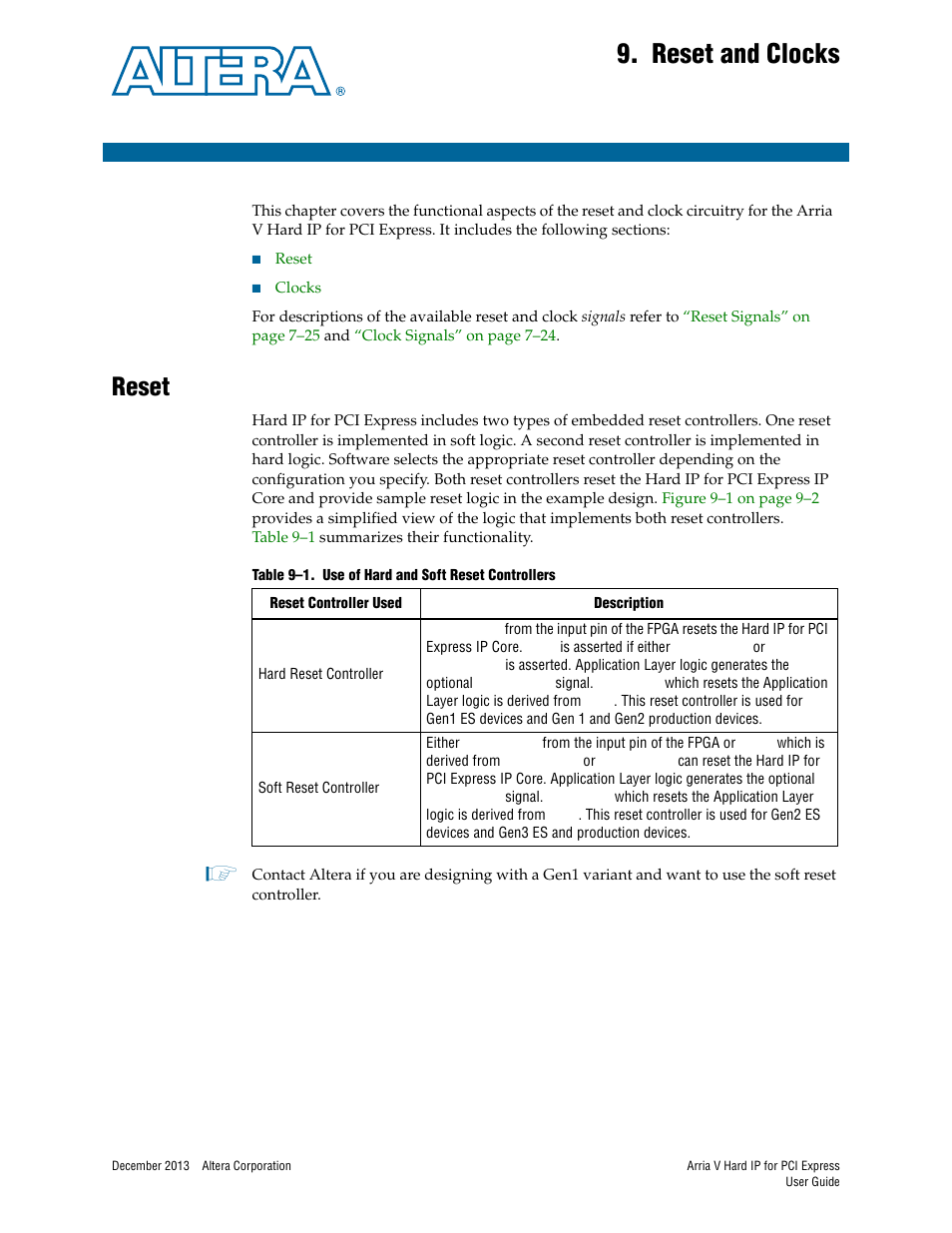 Reset and clocks, Reset, Chapter 9. reset and clocks | Reset –1, Chapter 9, reset and clocks | Altera Arria V Hard IP for PCI Express User Manual | Page 181 / 288
