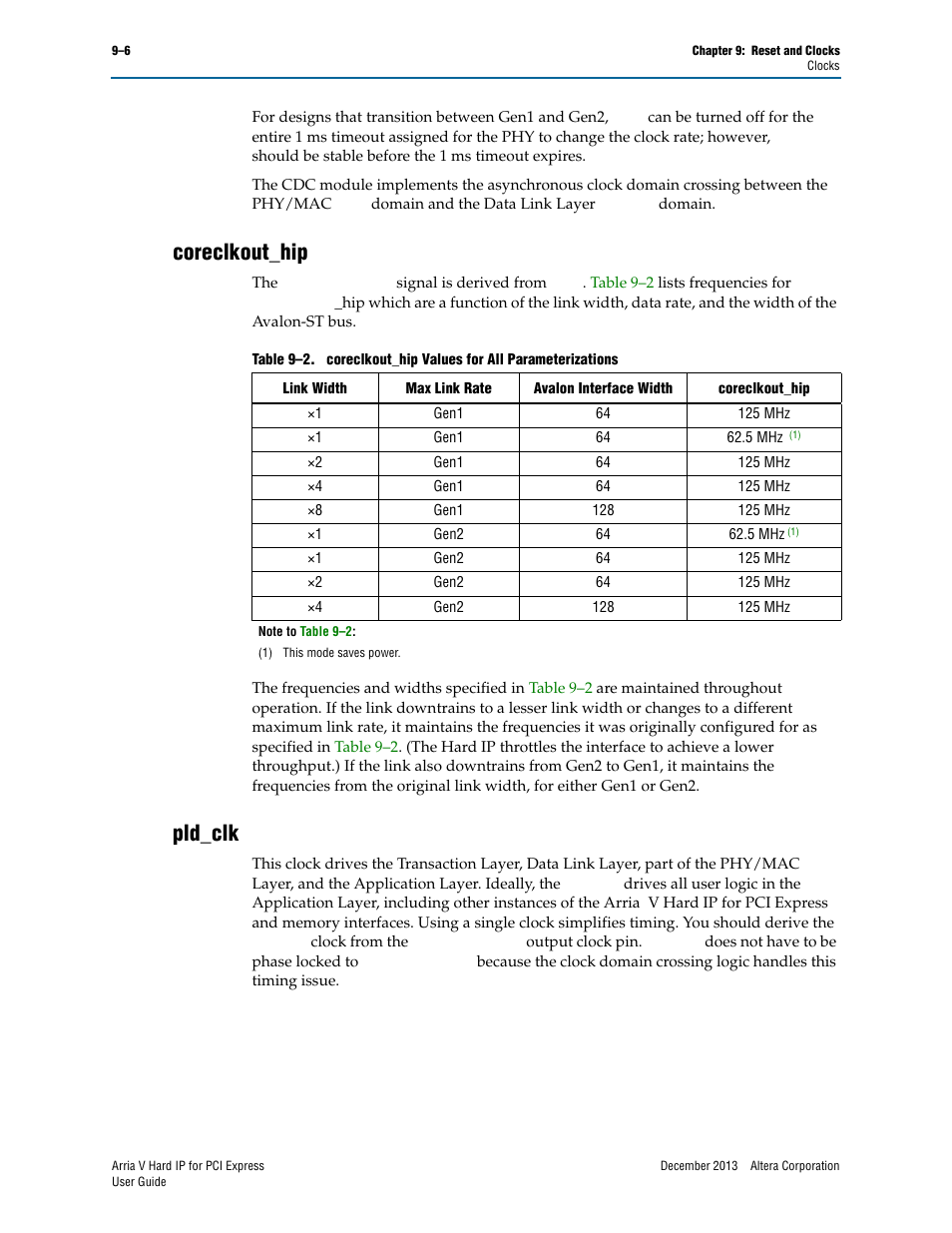 Coreclkout_hip, Pld_clk, Coreclkout_hip –6 pld_clk –6 | Refer to, For a | Altera Arria V Hard IP for PCI Express User Manual | Page 186 / 288