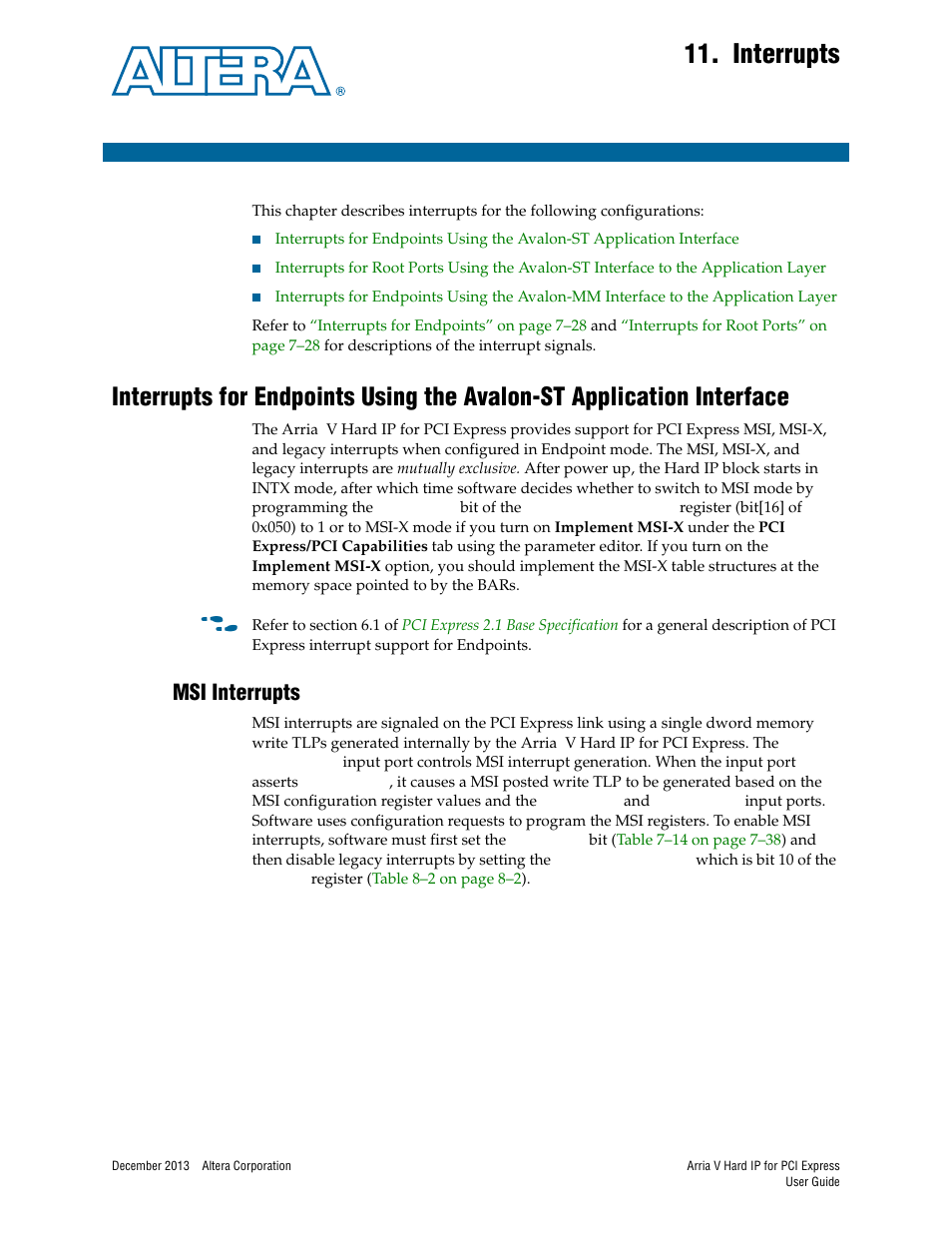 Interrupts, Msi interrupts, Chapter 11. interrupts | Msi interrupts –1, Er to, Chapter 11, interrupts | Altera Arria V Hard IP for PCI Express User Manual | Page 195 / 288