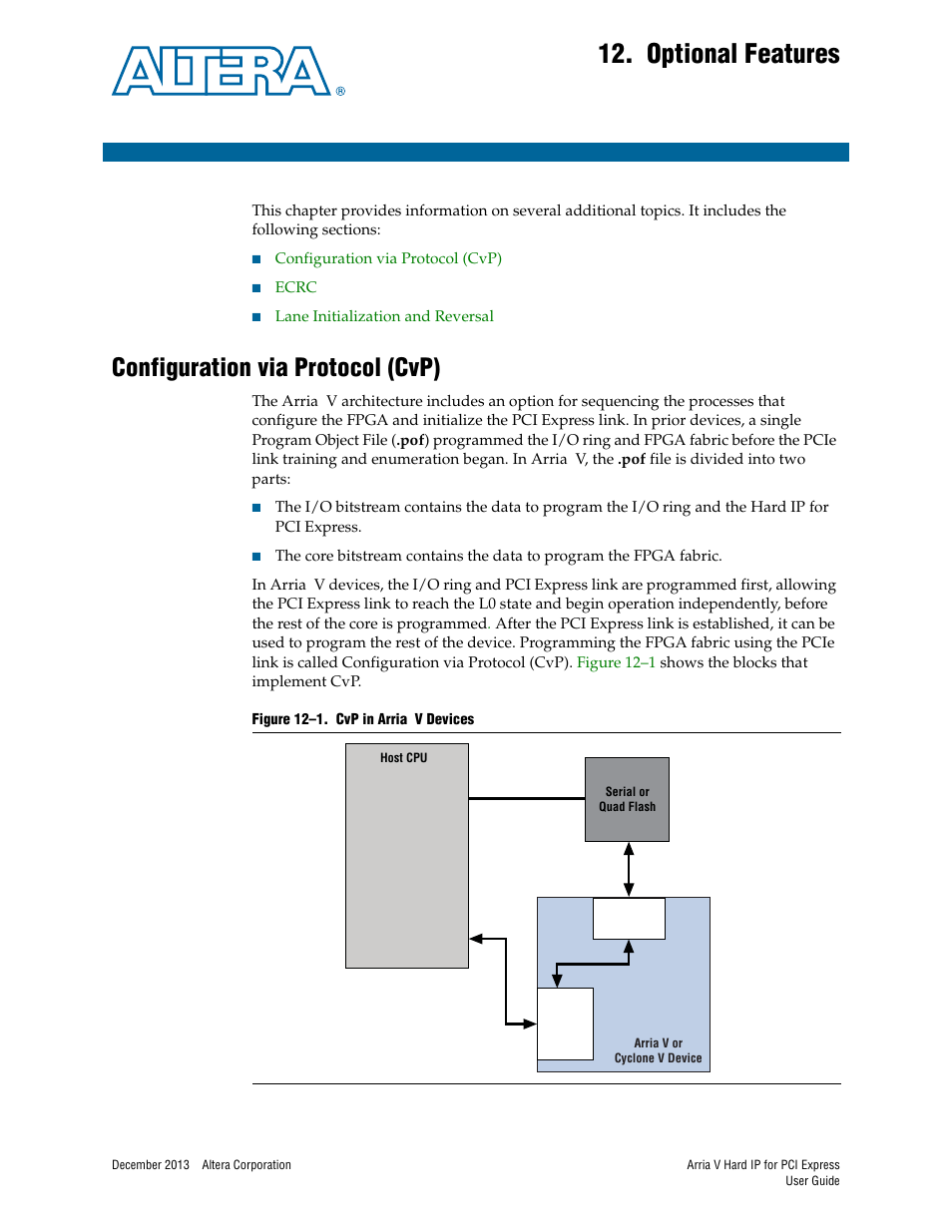 Optional features, Configuration via protocol (cvp), Chapter 12. optional features | Configuration via protocol (cvp) –1 | Altera Arria V Hard IP for PCI Express User Manual | Page 203 / 288