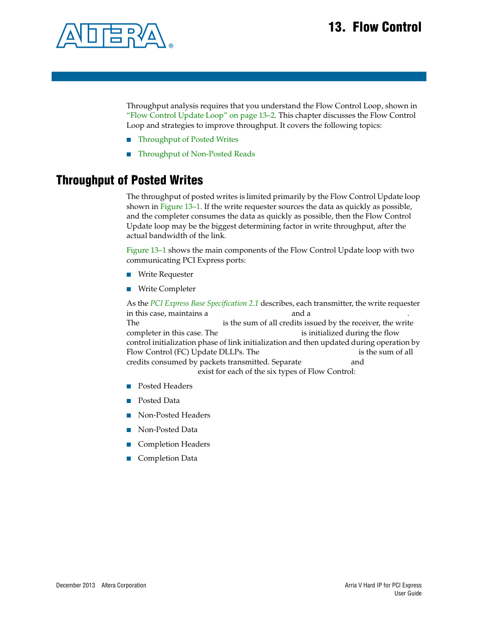 Flow control, Throughput of posted writes, Chapter 13. flow control | Throughput of posted writes –1, Refer to, Chapter 13, flow control | Altera Arria V Hard IP for PCI Express User Manual | Page 207 / 288