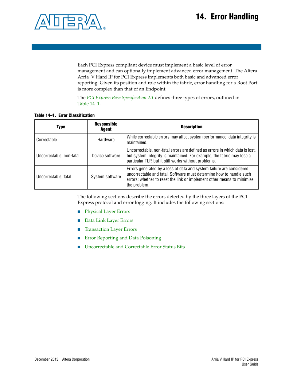 Error handling, Chapter 14. error handling | Altera Arria V Hard IP for PCI Express User Manual | Page 211 / 288