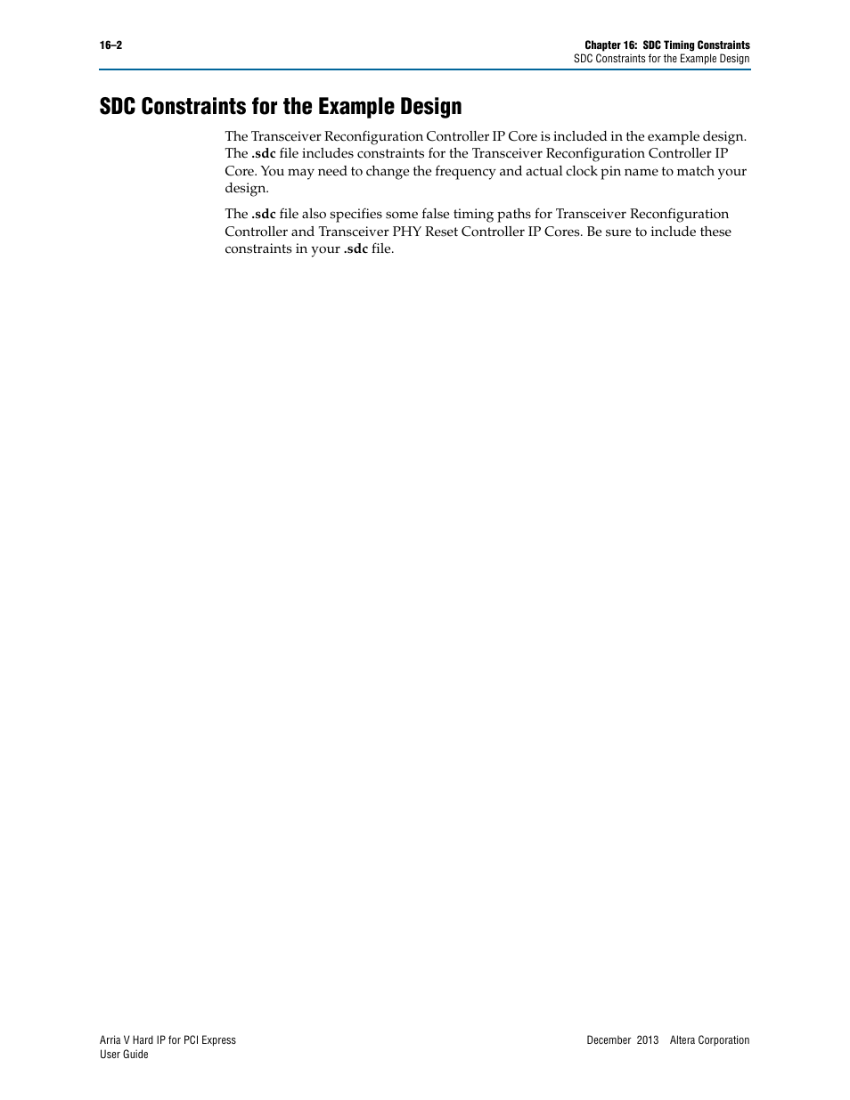 Sdc constraints for the example design, Sdc constraints for the example design –2 | Altera Arria V Hard IP for PCI Express User Manual | Page 222 / 288