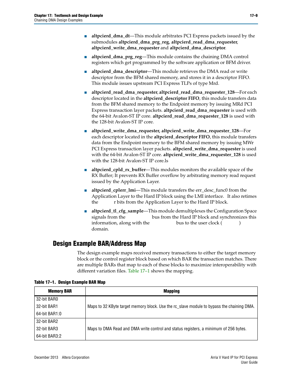 Design example bar/address map, Design example bar/address map –9 | Altera Arria V Hard IP for PCI Express User Manual | Page 231 / 288