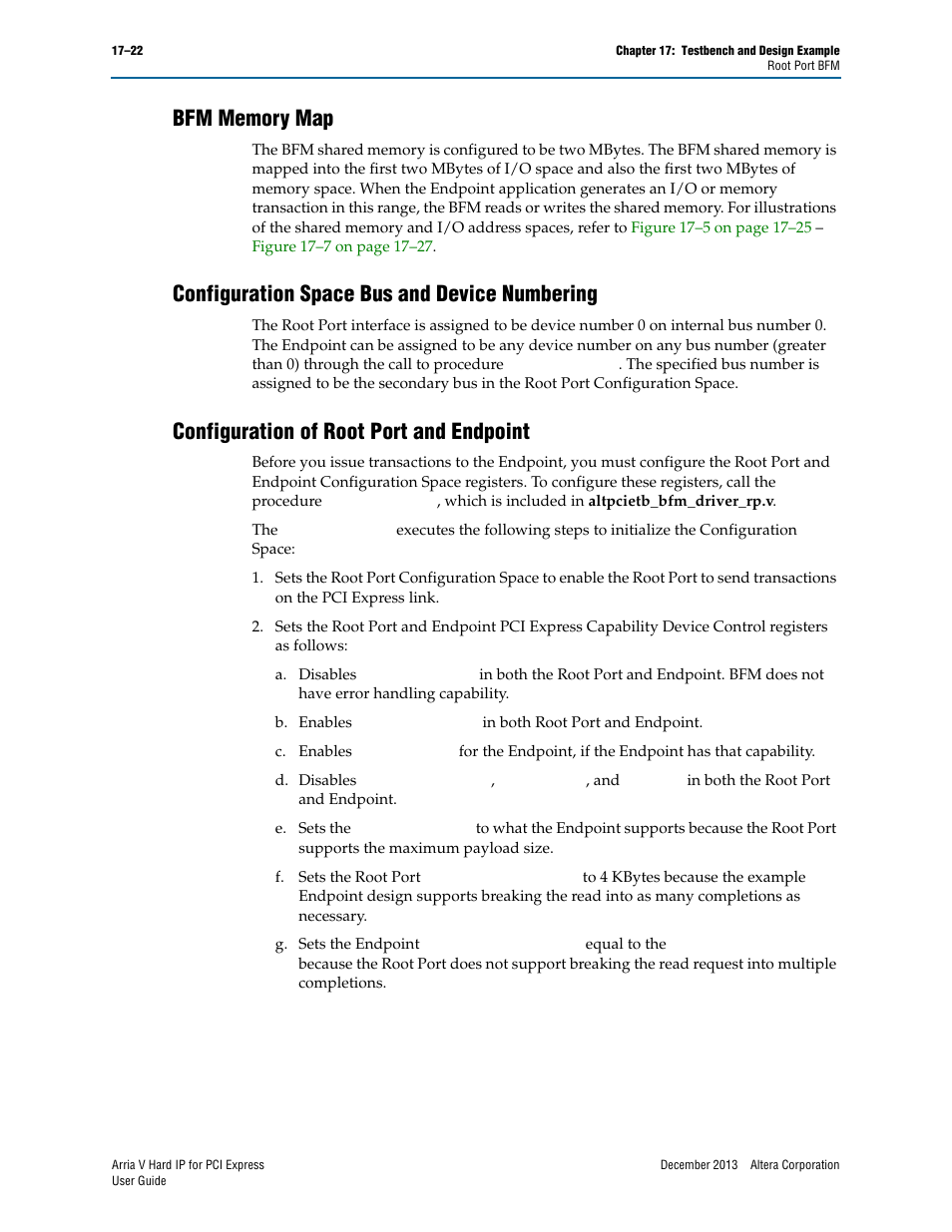 Bfm memory map, Configuration space bus and device numbering, Configuration of root port and endpoint | Altera Arria V Hard IP for PCI Express User Manual | Page 244 / 288