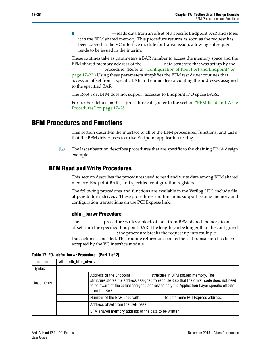 Bfm procedures and functions, Bfm read and write procedures, Ebfm_barwr procedure | Bfm procedures and functions –28, Bfm read and write procedures –28, Ebfm_barwr procedure –28 | Altera Arria V Hard IP for PCI Express User Manual | Page 250 / 288