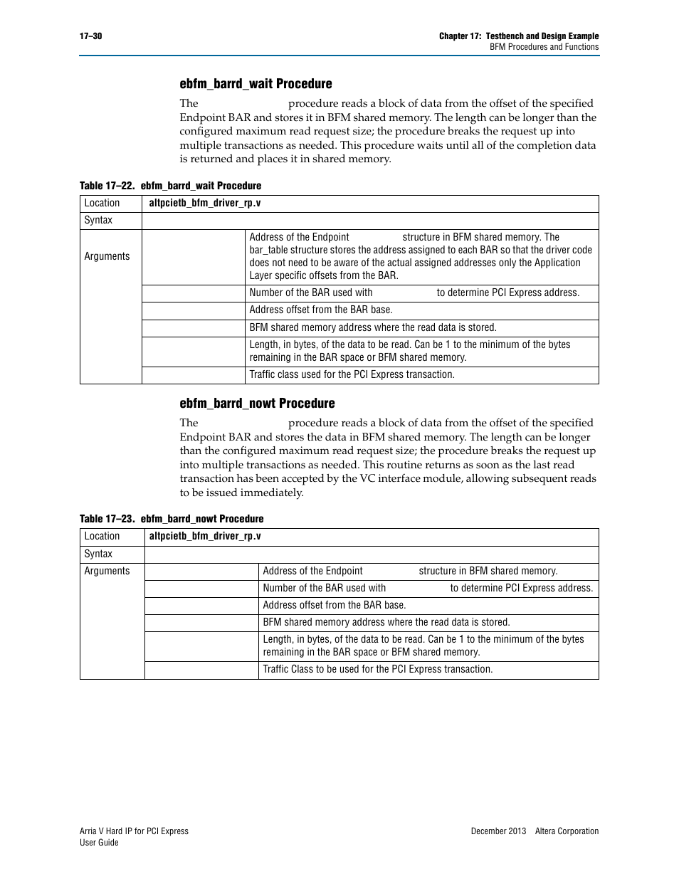 Ebfm_barrd_wait procedure, Ebfm_barrd_nowt procedure | Altera Arria V Hard IP for PCI Express User Manual | Page 252 / 288