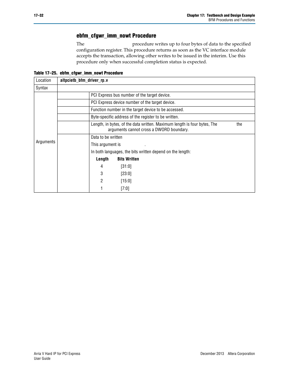 Ebfm_cfgwr_imm_nowt procedure, Ebfm_cfgwr_imm_nowt procedure –32 | Altera Arria V Hard IP for PCI Express User Manual | Page 254 / 288