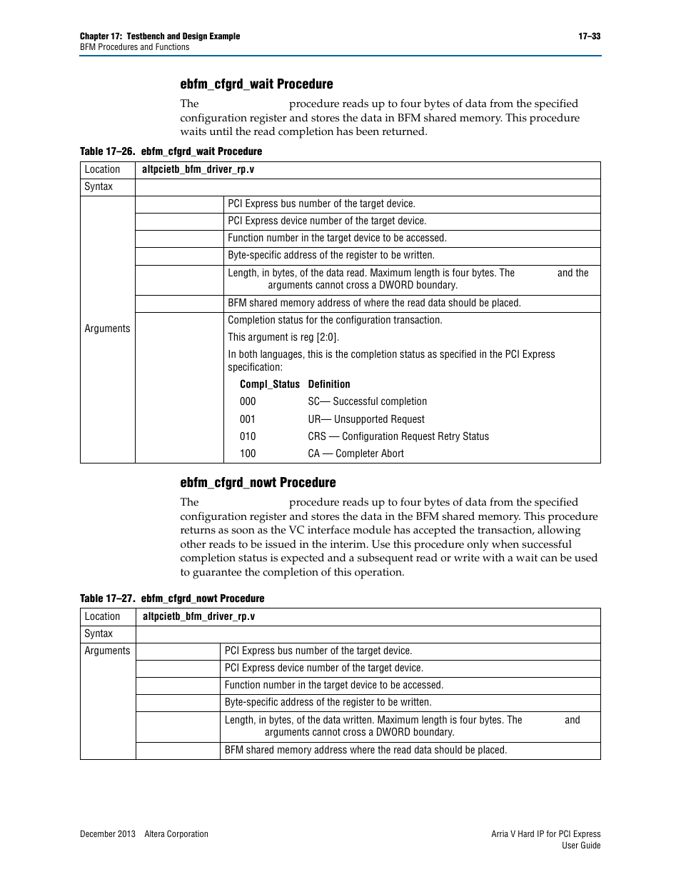 Ebfm_cfgrd_wait procedure, Ebfm_cfgrd_nowt procedure | Altera Arria V Hard IP for PCI Express User Manual | Page 255 / 288