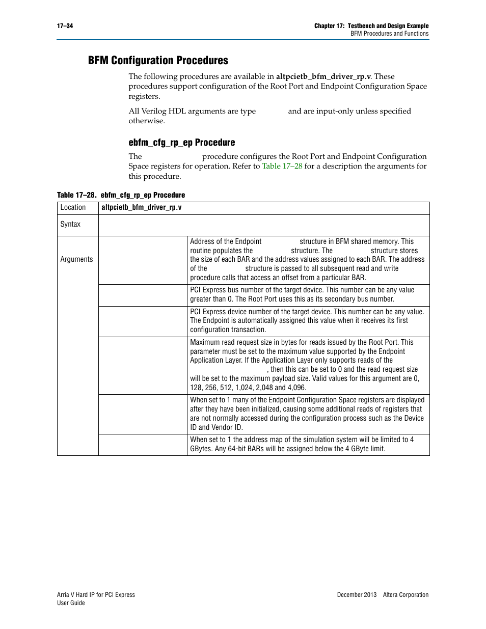 Bfm configuration procedures, Ebfm_cfg_rp_ep procedure, Bfm configuration procedures –34 | Ebfm_cfg_rp_ep procedure –34, Ons, see | Altera Arria V Hard IP for PCI Express User Manual | Page 256 / 288