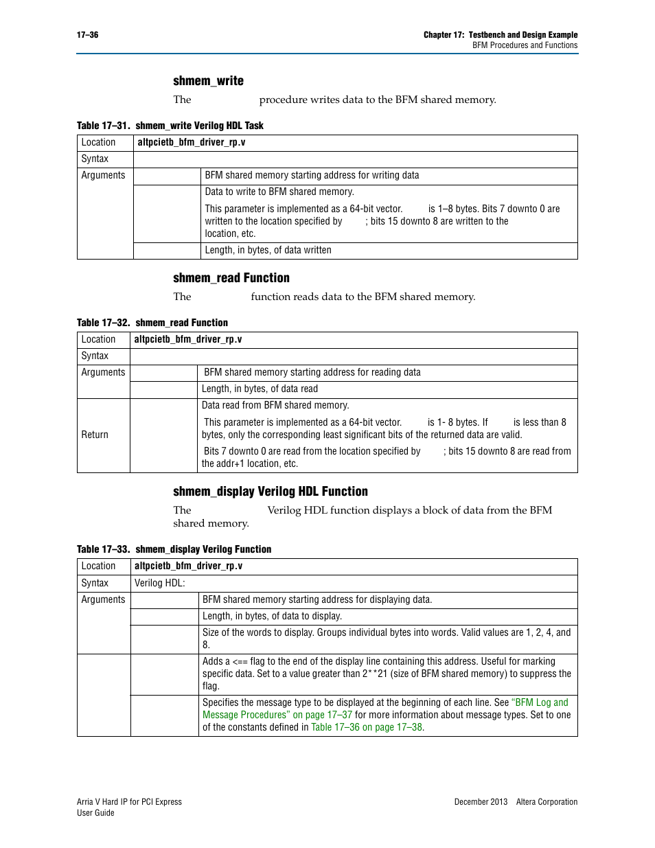 Shmem_write, Shmem_read function, Shmem_display verilog hdl function | Altera Arria V Hard IP for PCI Express User Manual | Page 258 / 288