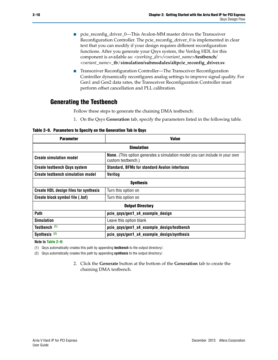 Generating the testbench, Generating the testbench –10 | Altera Arria V Hard IP for PCI Express User Manual | Page 26 / 288