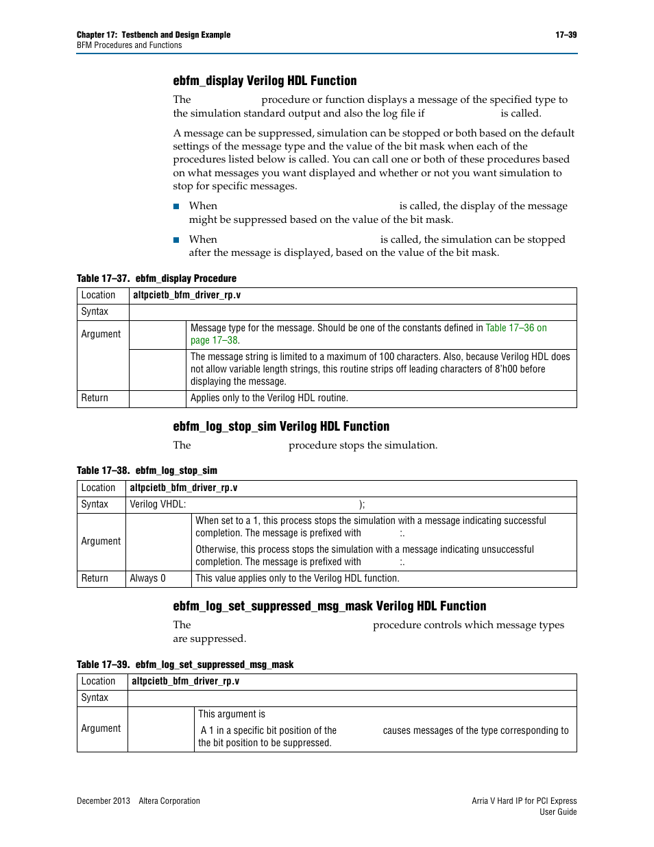 Ebfm_display verilog hdl function, Ebfm_log_stop_sim verilog hdl function | Altera Arria V Hard IP for PCI Express User Manual | Page 261 / 288