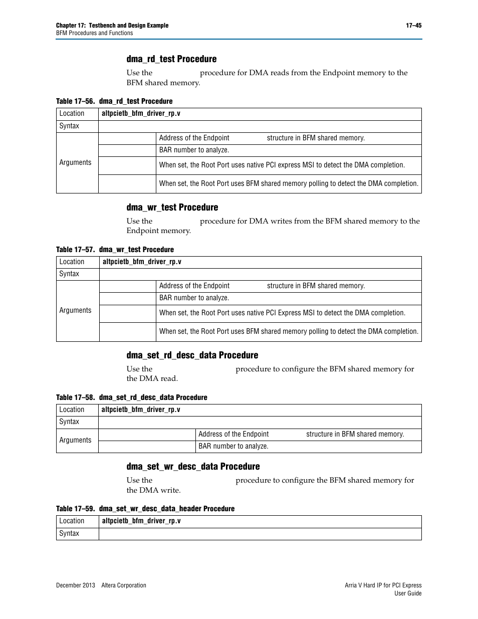 Dma_rd_test procedure, Dma_wr_test procedure, Dma_set_rd_desc_data procedure | Dma_set_wr_desc_data procedure, Dma_set_wr_desc_data procedure –45 | Altera Arria V Hard IP for PCI Express User Manual | Page 267 / 288