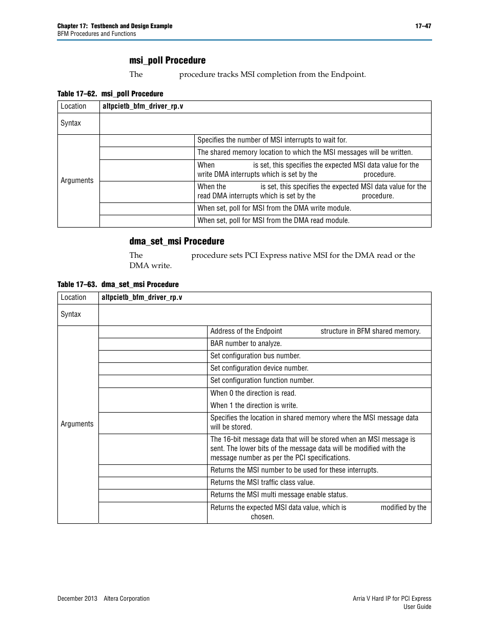 Msi_poll procedure, Dma_set_msi procedure, Msi_poll procedure –47 dma_set_msi procedure –47 | Altera Arria V Hard IP for PCI Express User Manual | Page 269 / 288