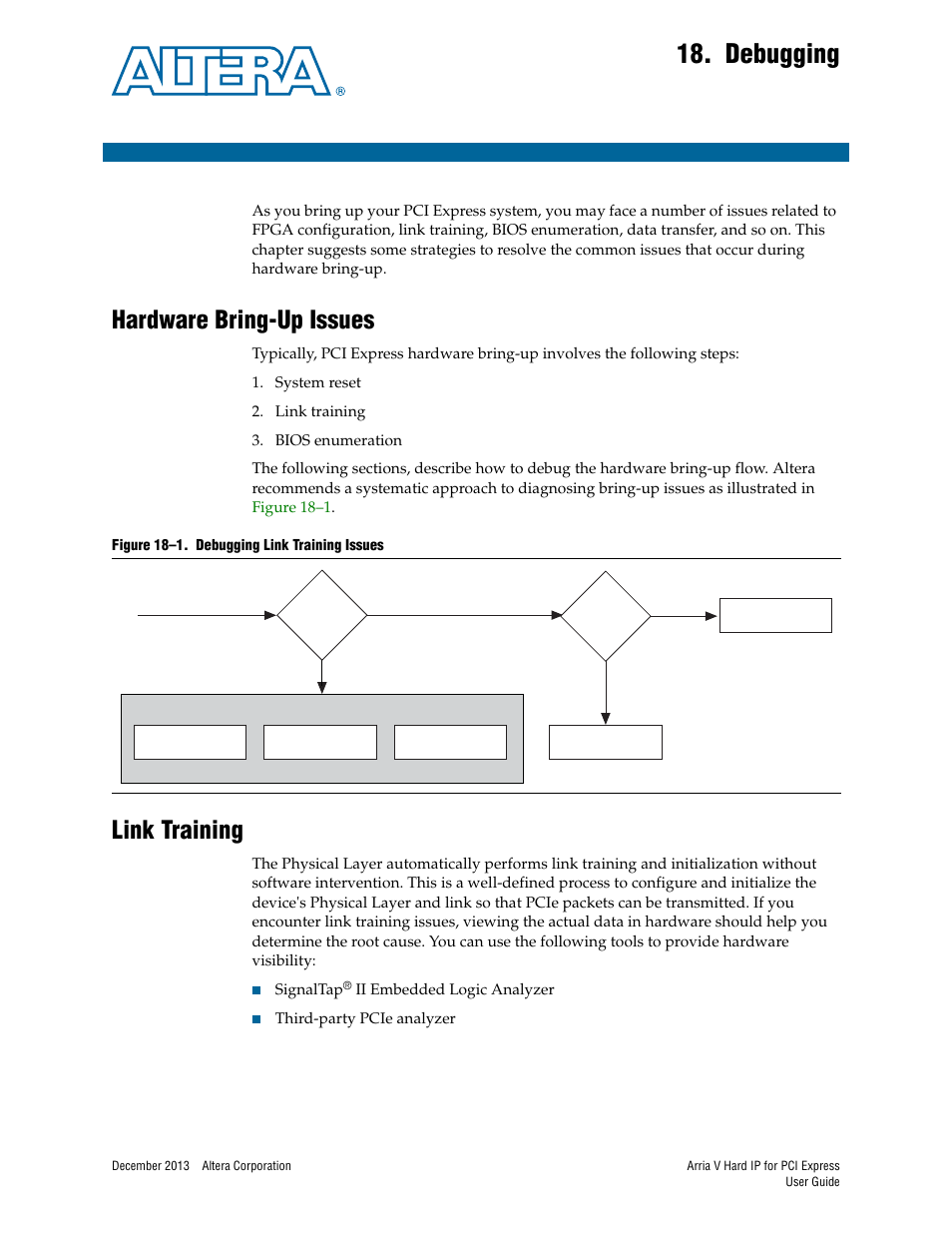 Debugging, Hardware bring-up issues, Link training | Chapter 18. debugging, Hardware bring-up issues –1 link training –1 | Altera Arria V Hard IP for PCI Express User Manual | Page 271 / 288