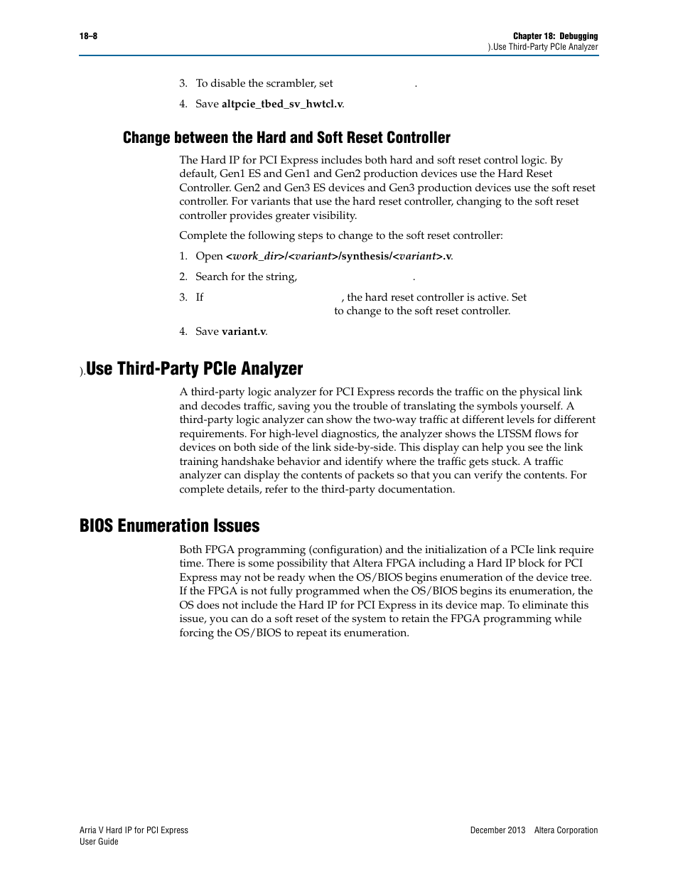 Change between the hard and soft reset controller, Use third-party pcie analyzer, Bios enumeration issues | Bios enumeration issues –10 | Altera Arria V Hard IP for PCI Express User Manual | Page 278 / 288