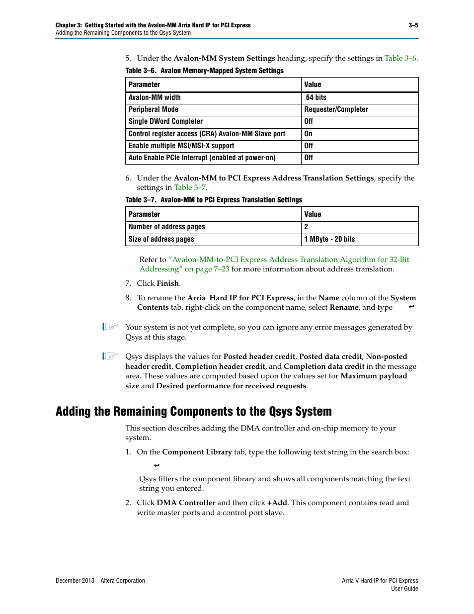 Adding the remaining components to the qsys system | Altera Arria V Hard IP for PCI Express User Manual | Page 39 / 288